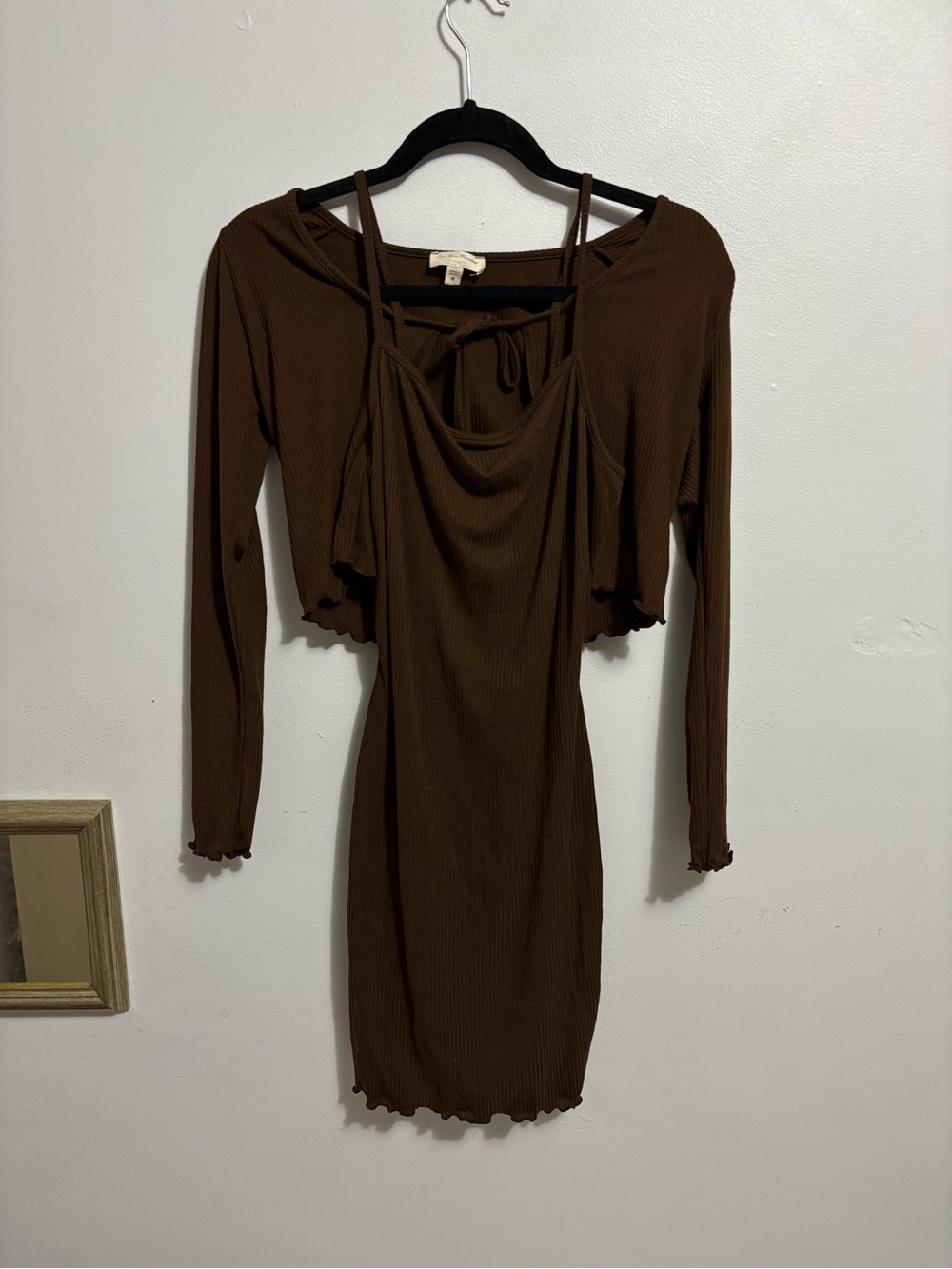 Brown Ribbed Bodycon Dress with Overlay Top